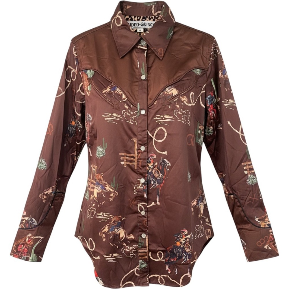 Rodeo Quincy Shirt Womens M Brown Satin Western Cowboy Horse Smile Pockets Snaps